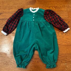 Vintage Handmade 1980s Green Corduroy & Red Plaid Long Sleeve Baby Romper